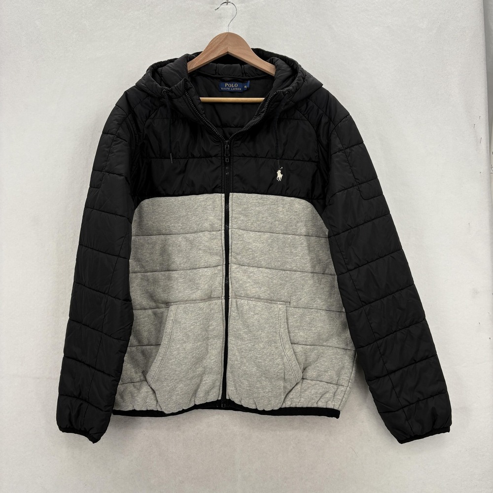 Polo Ralph Lauren Full-Zip Hybrid Quilted Jacket Mens XL Black Gray Hooded Sport